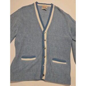 Munsingware Cardigan Sweater Vtg 1960's Blue Cream Acrylic Button Rockabilly L